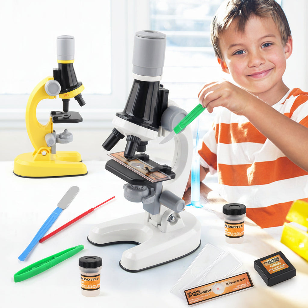 Child playing with a toy microscope and other educational tools on a white surface.
