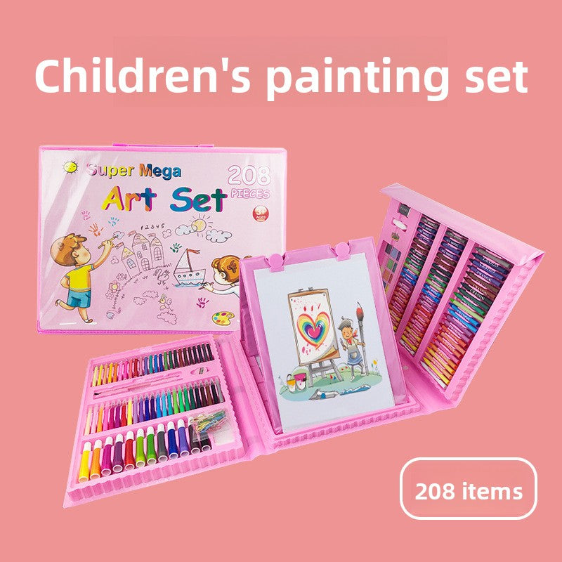 Pink 208-Piece Kids Art Set with Built-in Trifold Easel Drawing and Painting Kit