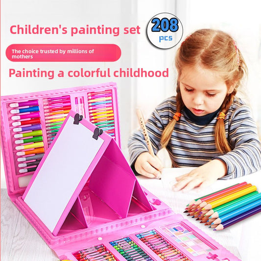 Pink 208-Piece Kids Art Set with Built-in Trifold Easel Drawing and Painting Kit