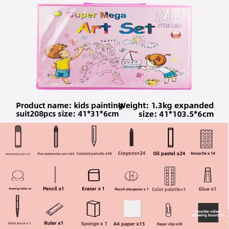 Pink 208-Piece Kids Art Set with Built-in Trifold Easel Drawing and Painting Kit