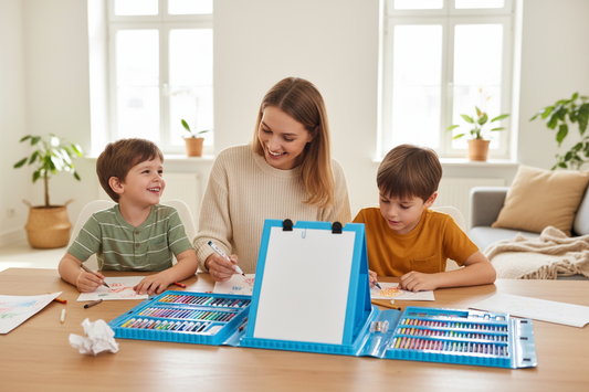 Blue art set with colored pencils and a mirror on a white background