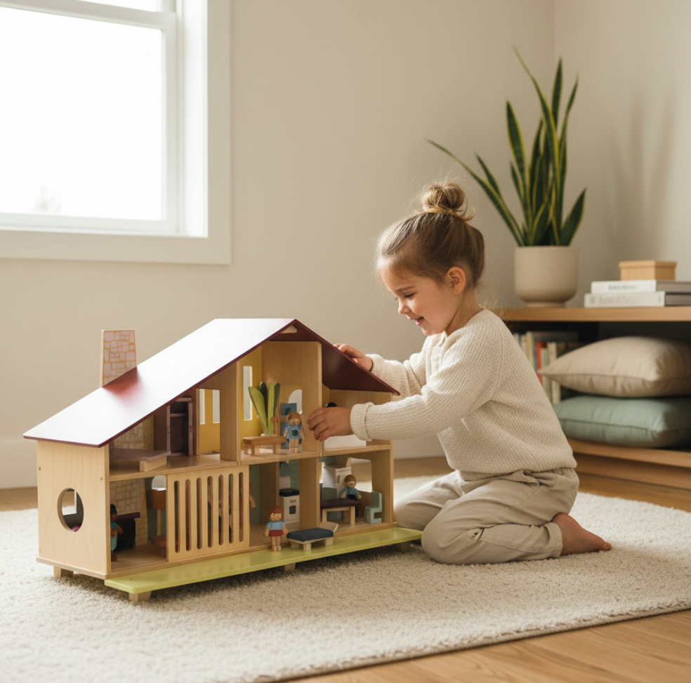 Child playing with a wooden dollhouse in a room with a plant and shelves.