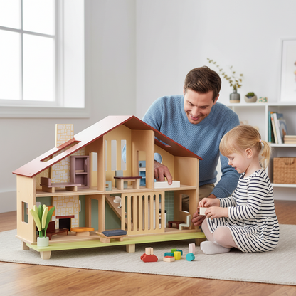 Man and child playing with a wooden dollhouse in a bright room.