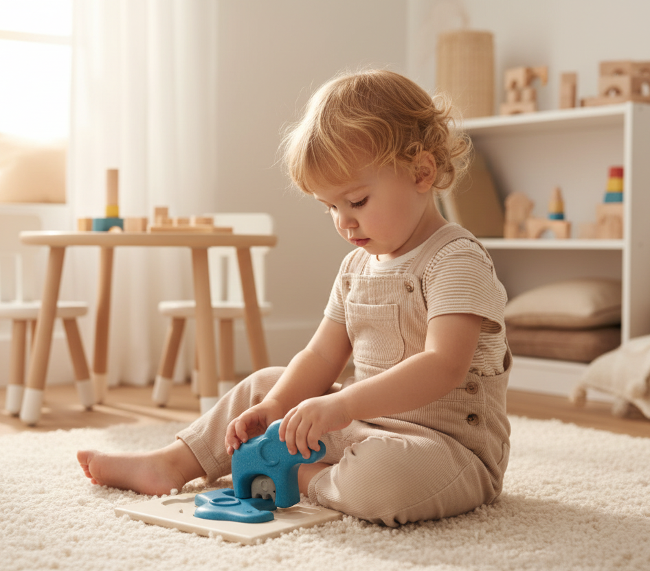 Child playing with a toy on a rug in a bright room with wooden furniture.
