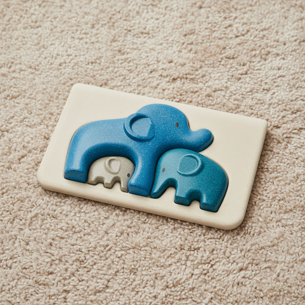 Rectangular mat with blue elephant designs on a beige carpet